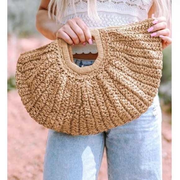 Ramla Bohemian Rattan Half Moon Bag- Tan - Picture 3 of 4